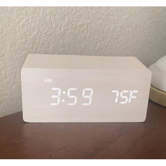 New Digital Wooden Alarm Clock with Wireless Charging, 0-100% Dimmer, Dual Alarm - Picture 2 of 2